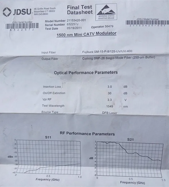 

JDSU 632257J CATV 21153420-001 1500nm Mini CATV Modulator