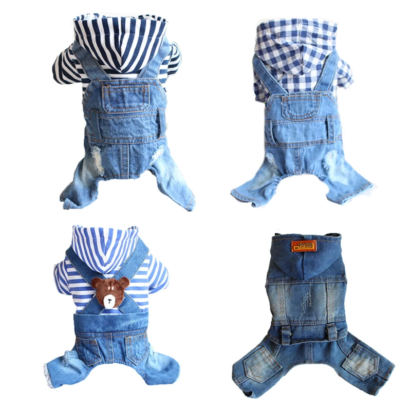 Stripe Denim Pet Dog Clothes Jean Hoodies Jumpsuits Coat Clothing For Small Dogs Plaid Casual Chihuahua Four-feet Jacket Apparel | Дом и сад
