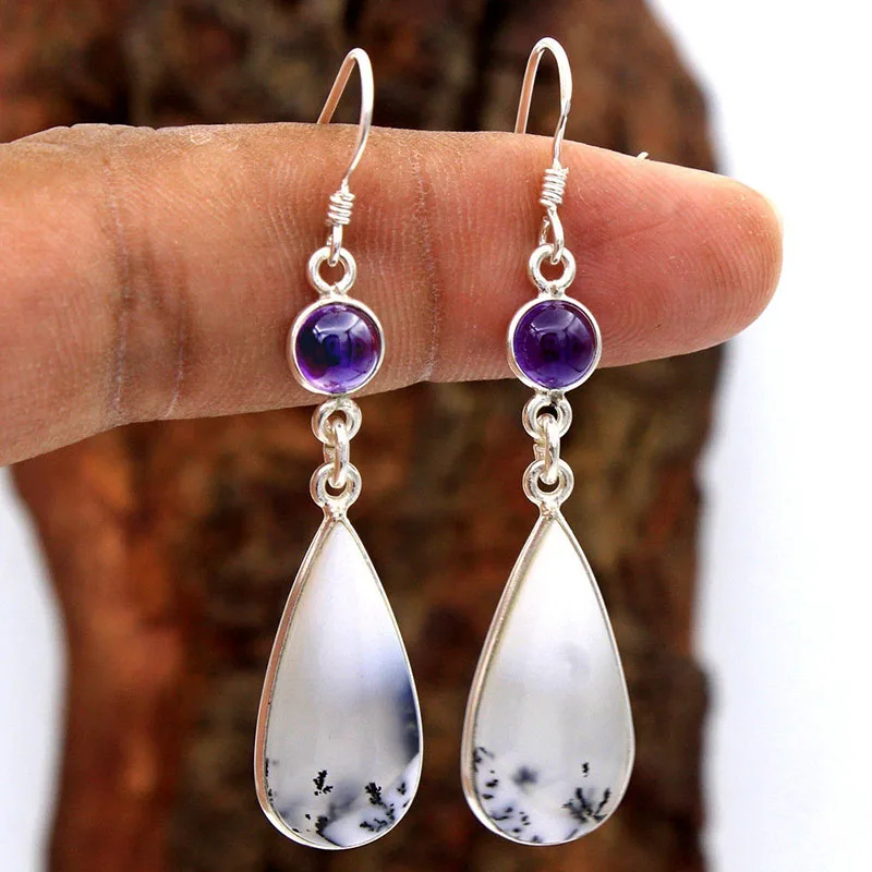 Vintage Water Drop Crystal Purple Long Drop Earrings for Women - Statement Boho Hanging Dangle Resin Jewelry image 4