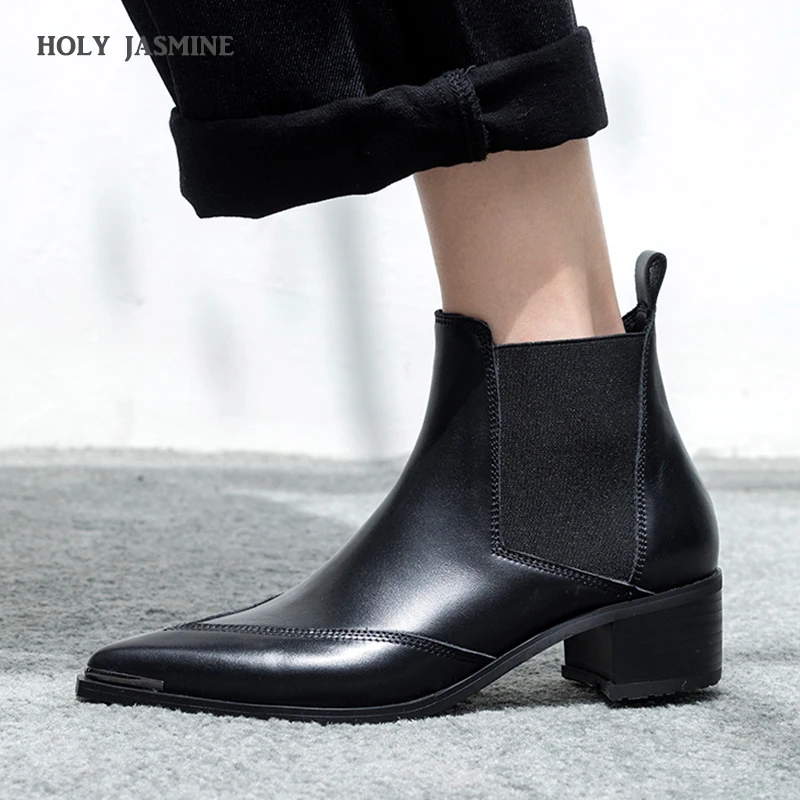 

2018 Winter Classic Chelsea Boots Women Pointed Toe Black Real Leather High heels Ankle Boots Woman Square heel Fashion shoes