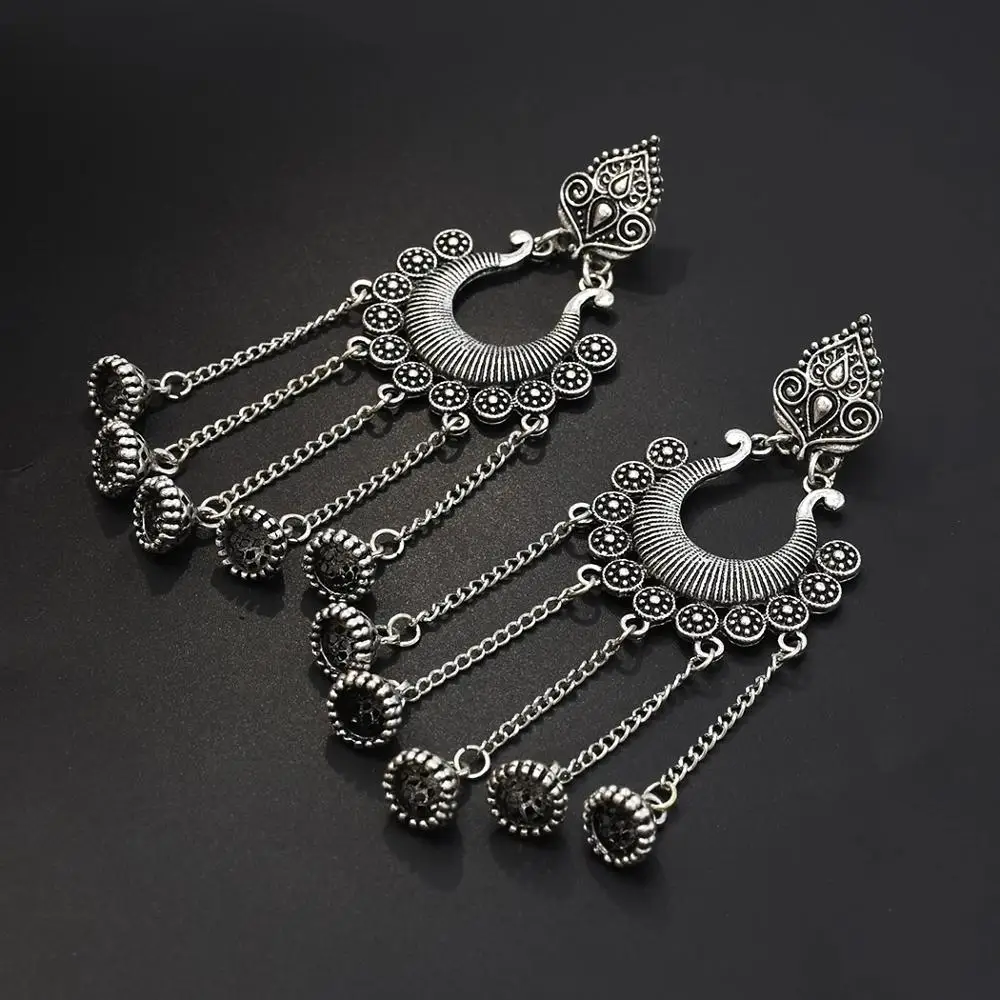 Индийские окисленные серебряные Висячие серьги для женщин Boho Jhumka резной цветок жемчуг бусина Эффектные серьги ювелирные изделия из турецкой турки