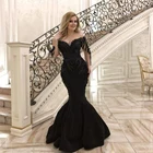 Черное вечернее платье-Русалка с длинным рукавом, вышитое бисером, Саудовский, арабский, сатиновое вечернее платье с вырезом, платье со шлейфом для выпускного вечера