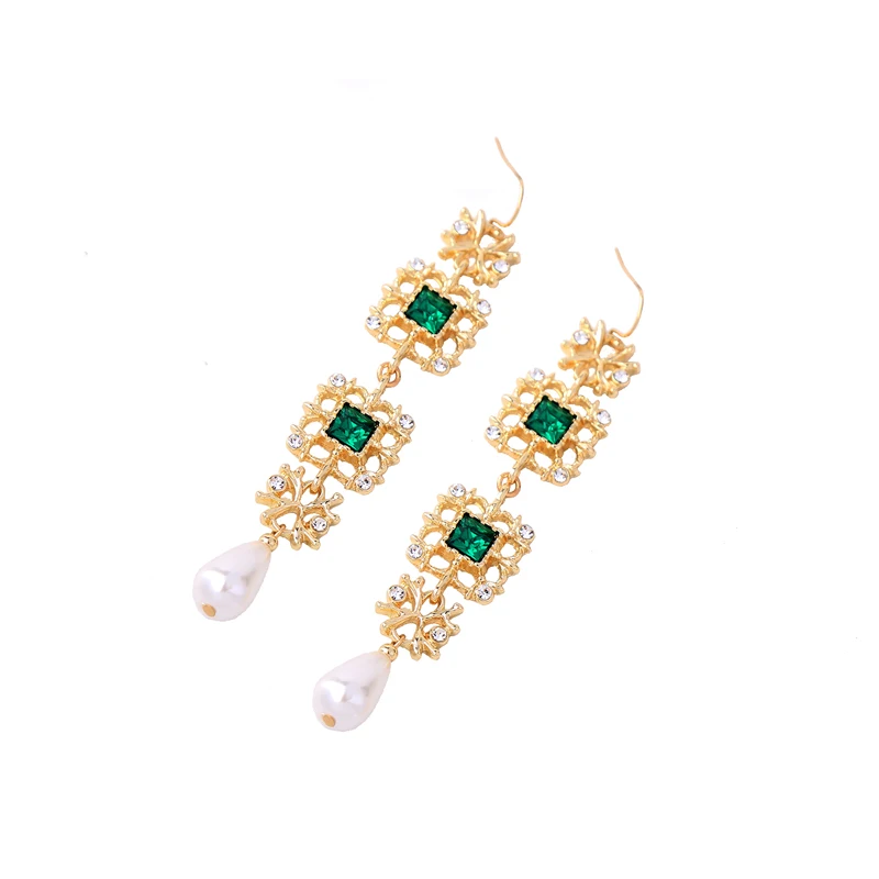 Long Style Simulated Pearl Drop Filigree Green Earrings 2018 Brincos Fashion Geometric Party for Women | Украшения и аксессуары