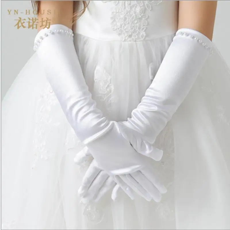Модные детские белые эластичные атласные длинные перчатки с пальцами для