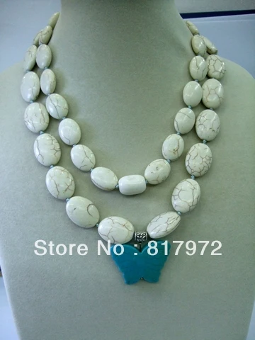 

Elegant woman 2 rows necklace oval white stone howlite bead light blue butterfly pendant necklace