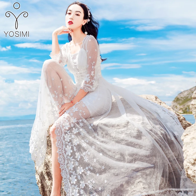 YOSIMI, длинное платье,, летнее платье, вечерние, элегантное, макси, кружевное, длинное, женское платье с v-образным вырезом, без рукавов, на бретелях, каскадные, с рюшами, Клубное платье