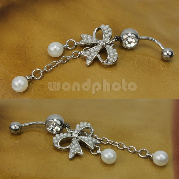 2017 New Pretty 316L Stainless Steel Pearl Butterfly Bow Belly Navel Ring Dangle Jewelry |
