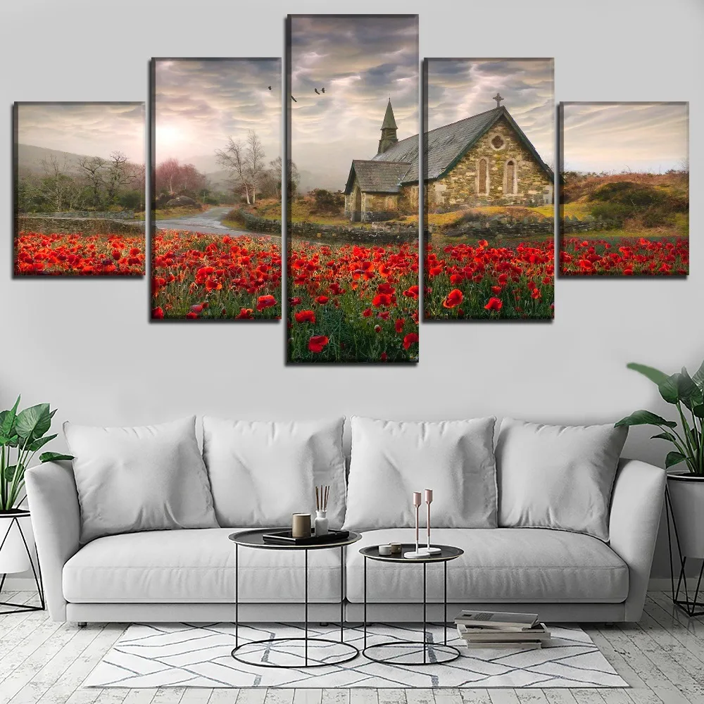 Canvas Pictures Home Decorative 5 Pieces Artistic Church Field Painting HD Print Poppy Flower Poster Wall Art Modular Framework | Дом и сад