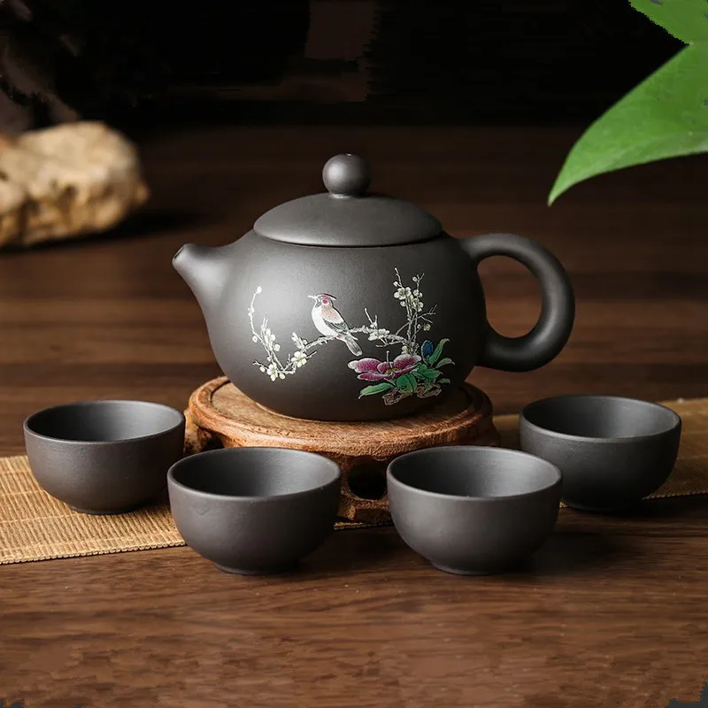 Zisha Yixing Teapot Set Handmade Bird And Flower Kung Fu Tea Set Teapots Ceramic 1 Teapot 4 Cups Safe Packaging