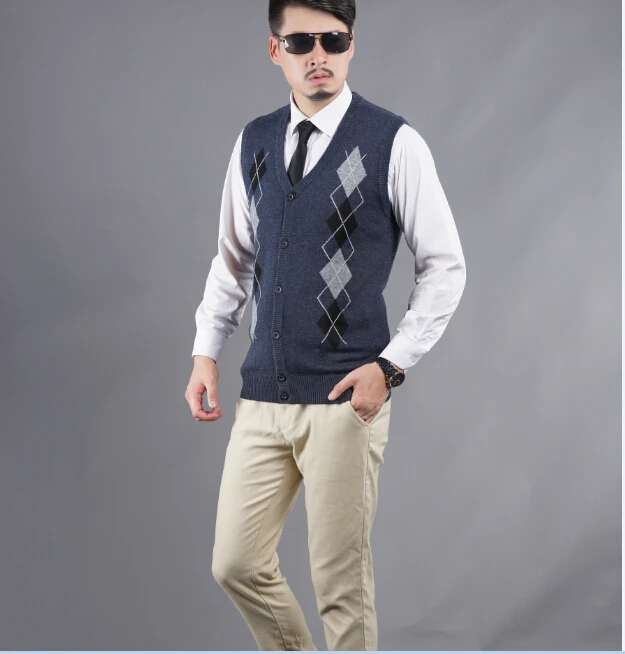 Мужской Повседневный Кардиган в клетку кашемировый свитер без рукавов с