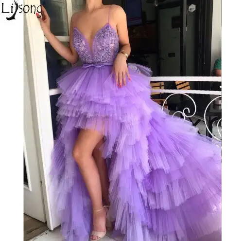 Фиолетовый Vestido de Festa, уникальное платье для выпускного, дизайнерское, фиолетовое, Тюлевое, элегантное, вечернее платье, сексуальное, v-образный вырез, спагетти, официальное платье - Цвет: Фиолетовый