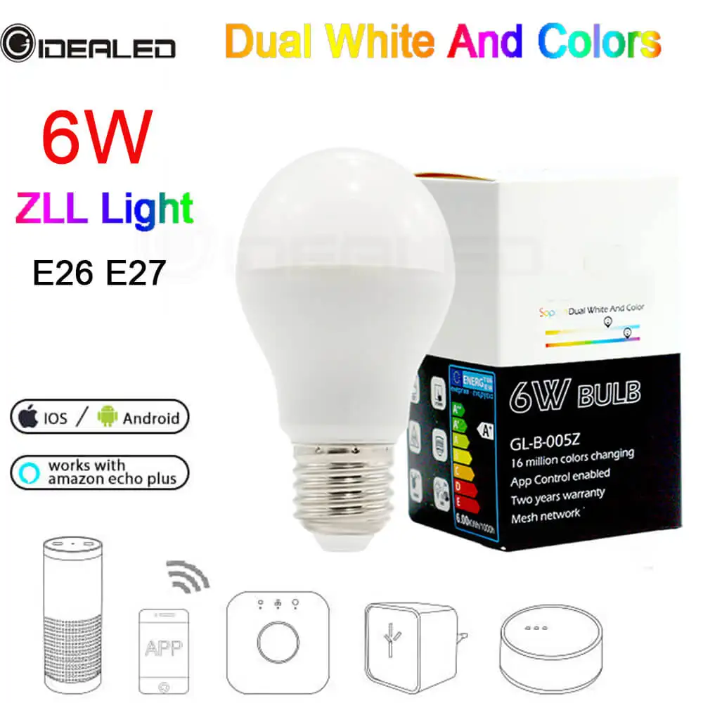 ZIGBEE hub E27 LED bulb RGB+CCT dual white led bulb E26 AC100-240V 6W smartphone APP control zll light link for Echo Alexa plus