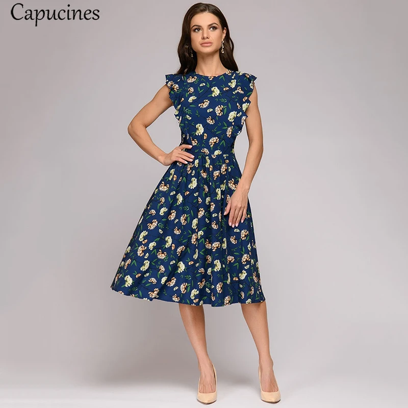 Capucines Summer Boho Floral Print Ruffle Trim A-Line Dress Women Cap Sleeve O-Neck Casual Dress Ladies Office Work Wear