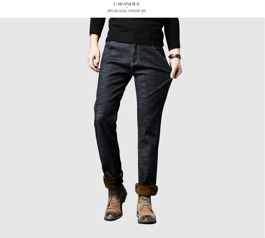 CARANFIER 2pcs New Men's Winter Brand Jeans Warm Slim Fit Denim Pants Male Balck Blue Thicken Trousers Jeans Big Size 44 46