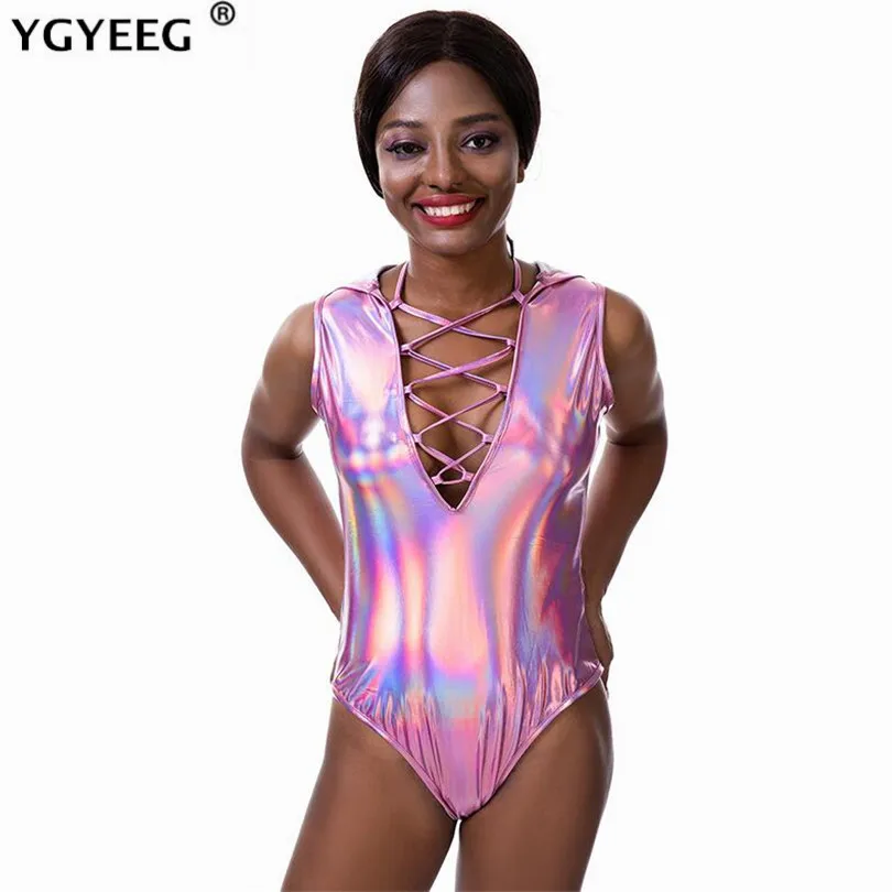 

YGYEEG Gold Bodysuit Sexy Skinny Sleeveless Bodysuits Women Autumn Stretchy Hooded Hollow Out Cross Strap Club Body Bodysuit