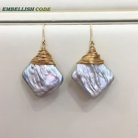 new 2018 dazzling hand make light gray pearls gold plated hook dangle earring big size baroque pearl block square shape fot gift