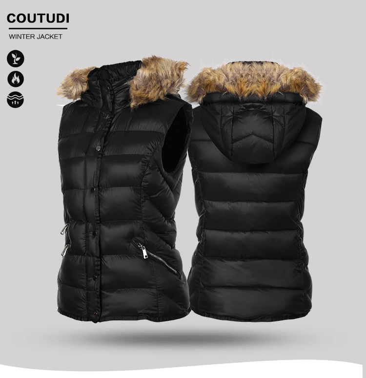 COUTUDI меховой воротник, жилет, пальто, роскошная теплая Женская Тонкая зимняя безрукавка, однотонный черный, большие размеры, модный пуховик с капюшоном