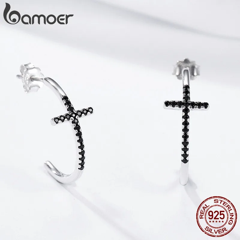 BAMOER, популярные,, 925 пробы, серебряные, классические, крест, черные, CZ, висячие серьги для женщин, Стерлинговое серебро, ювелирные изделия, Brincos SCE262