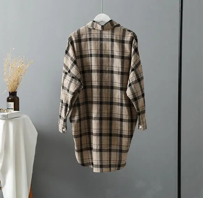 

Women's 2019 new shirt blend cotton and linen loose shirt plaid shirt women