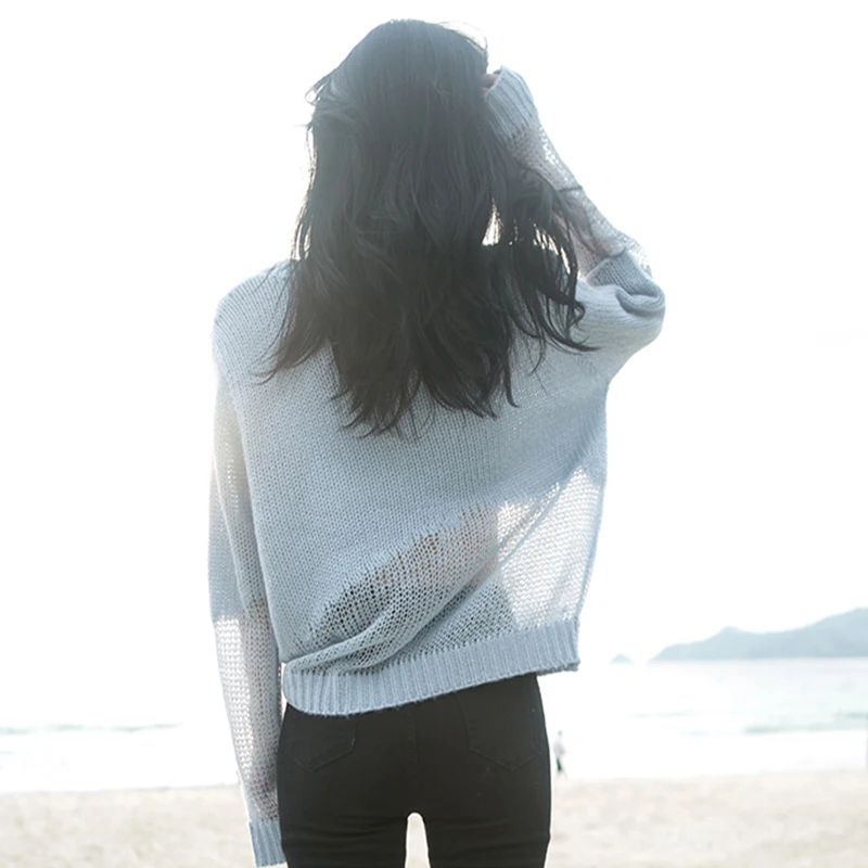 Для женщин Сплошной Асимметричная прозрачные свободные пуловеры свитеры Femme Roung