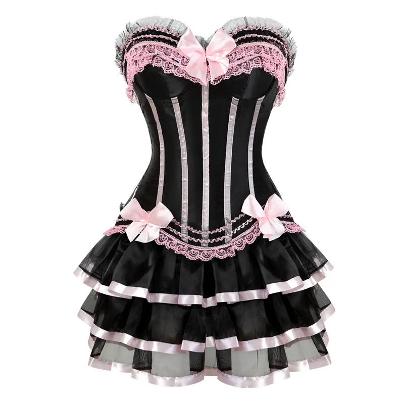 

Girls Victorian Corset Dresses Burlesque Corsets with Skirt Vintage Costumes Striped Floral Lace Up Corset Bustier for Women
