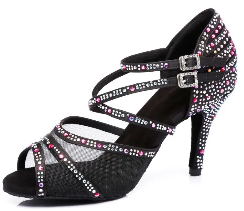 black heel 9cm Джазовые танцевальные туфли; женские танцевальные туфли с сеткой; Бронзовые Туфли для латинских танцев; сандалии на среднем каблуке; популярная удобная обувь - Цвет: black heel 9cm