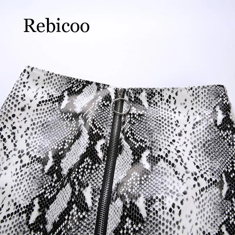 White Snake Print Leather Skirt Streetwear 2019 Mini Skirts Womens High Waist | Женская одежда