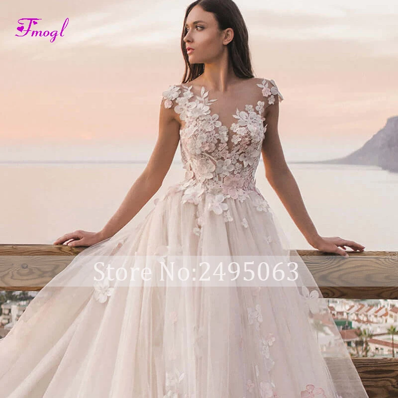 Vestido de Noiva с глубоким круглым декольте расшитые бисером цветы трапециевидной формы свадебные платья Великолепные Аппликации корт Поезд Кружева Свадебное платье принцессы
