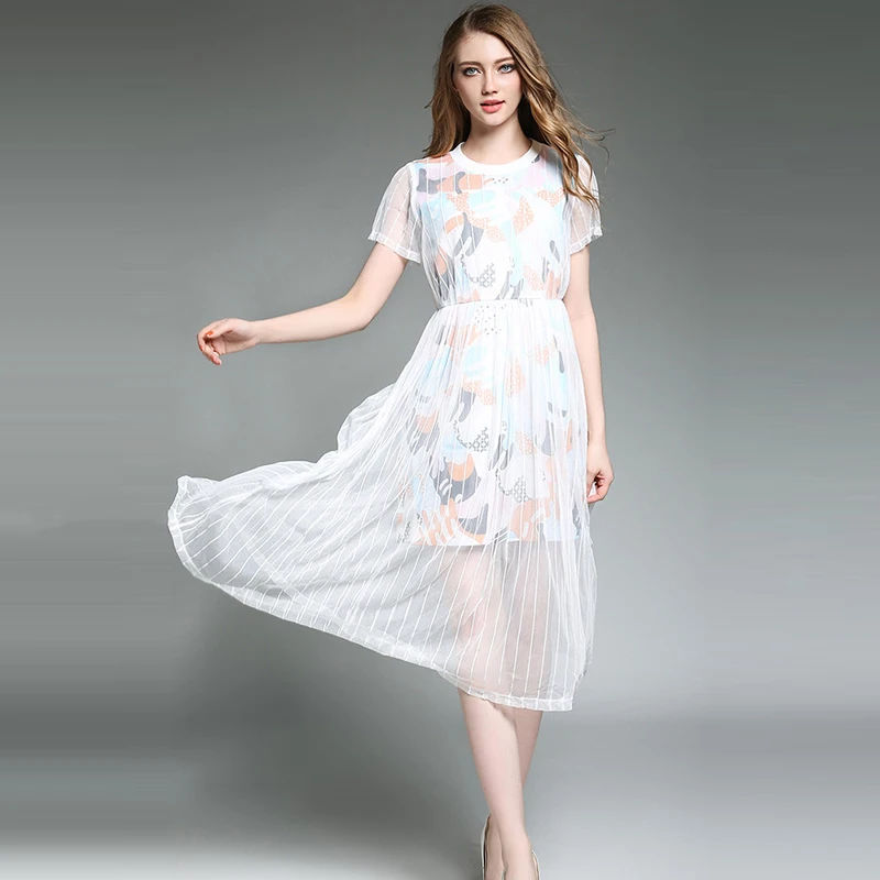 Сетчатые Print Swing Dress Для женщин белый короткий рукав Повседневная обувь для