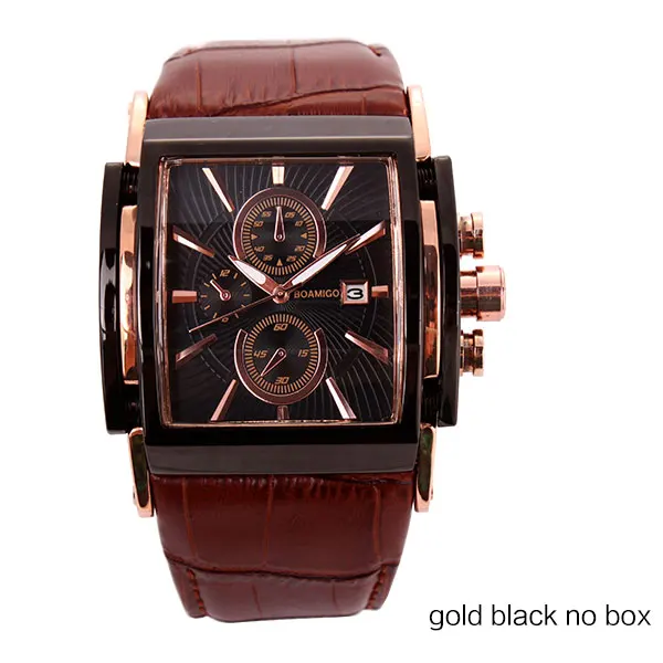 gold black no box Мужские кварцевые часы BOAMIGO, модные повседневные спортивные часы, розовое золото, водонепроницаемые, кожаный ремешок, мужские повседневные наручные часы, relogio masculino - Цвет: gold black no box