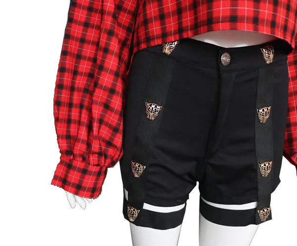 shorts Черная розовая Женская рубашка в красную и черную клетку с круглым вырезом, кружевная короткая рубашка с длинным рукавом, Корейская свободная одежда kpop - Цвет: shorts