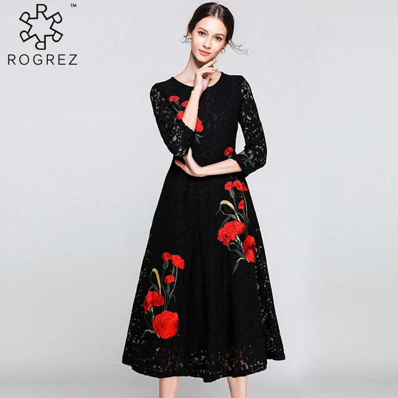 ROGREZ демисезонный элегантный Steetwear цветочный Вышивка для женщин кружево платье