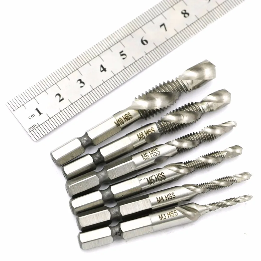 6 шт. 1/" Шестигранным хвостовиком сверло из стали HSS метрических кран с винтовой резьбой с коническим отверстием производства и сверла Метрическая Комбинированный кран сверла M3 M4 M5 M6 M8 M10