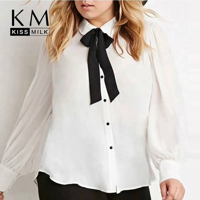 Kissmilk Plus Size New Fashion Women Bow Button Down Big White Long Sleeve Chiffon Preppy Style Blouse 3XL 4XL 5XL 6XL|women bathing suit