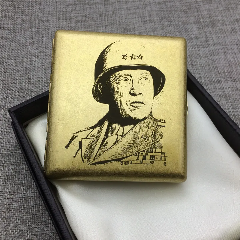 General Patton Медный чехол для сигарет с головой короля волка, мужские металлические коробки для сигарет с лазерной гравировкой, коробка для хранения дыма, подарок для мужчин - Цвет: General Patton