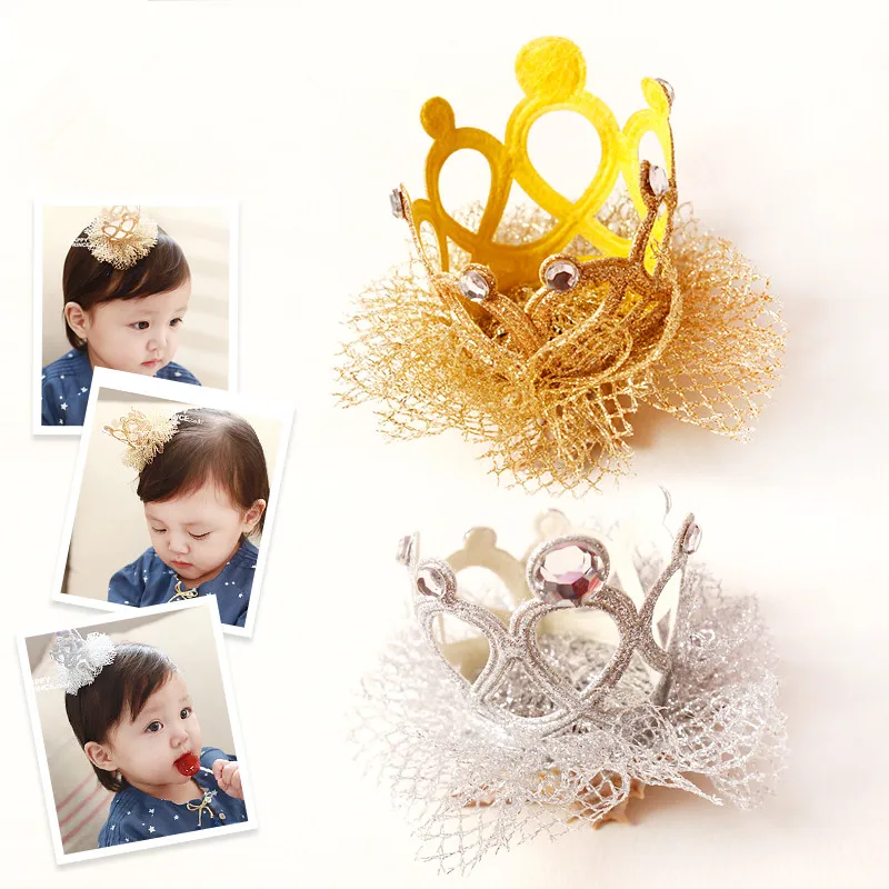 

16pcs/lot Girls Crown Hair Clips with Crystal Gold and Silver Tiara Hairpins Kid Girls Barrettes Clip Fashion Tulle Head Wear