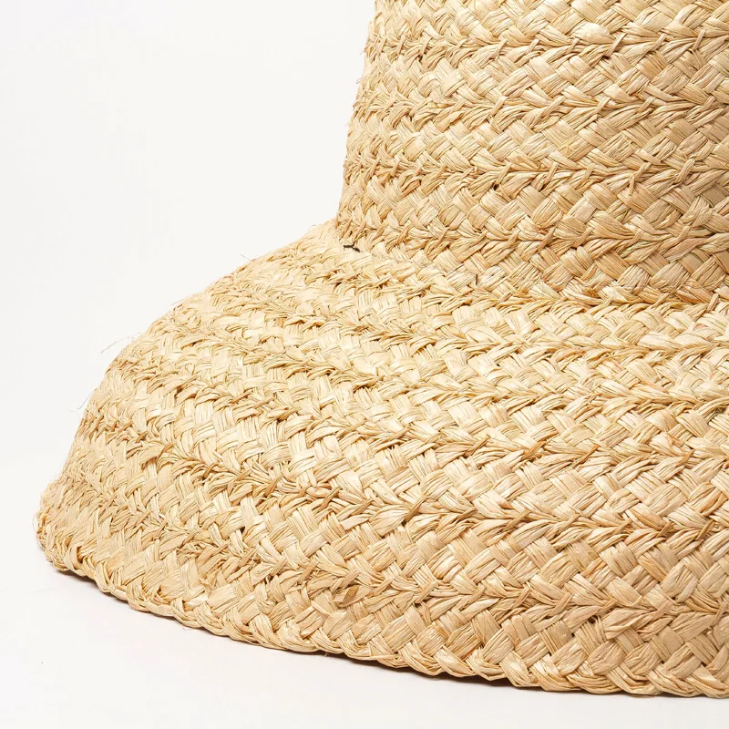 01904-HH7330  Handmade raffia weaving Hepburn style  Lampshade shape lady flat bucket  hat Outdoor women holiday beach  cap