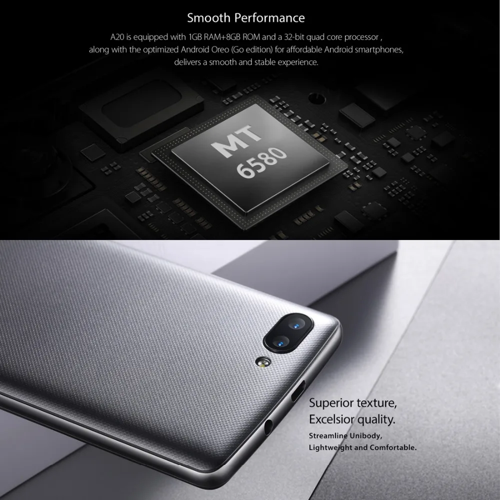 Мобильный телефон BLACKVIEW A20, экран 5,5 дюйма, 1 ГБ ОЗУ, 8 Гб ПЗУ, четырехъядерный процессор MTK6580M, Android GO, двойная камера заднего вида, смартфон 3000 мАч