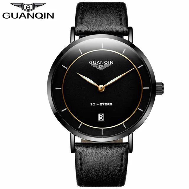 full black B Мужские s часы лучший бренд класса люкс GUANQIN простой дизайн Ультра тонкие кварцевые часы мужские повседневные кожаные мужские часы relogio masculino - Цвет: full black B
