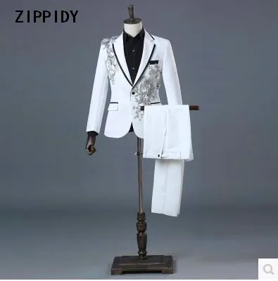 white suit set Новые мужские модные цветочные стразы тонкие костюмы(куртка+ брюки) Dj мужской свадебный певец бар сценический Выпускной Блейзер костюм - Цвет: white suit set