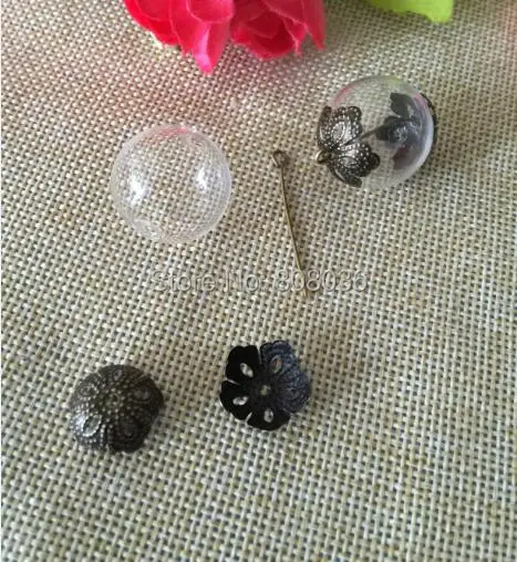 

Freeshipping 20set 30mm Glass Globe Vial with Two Hole &Flower Beads Cap &Eye Pin DIY Glass Vial Pendant Glass Cover Vial