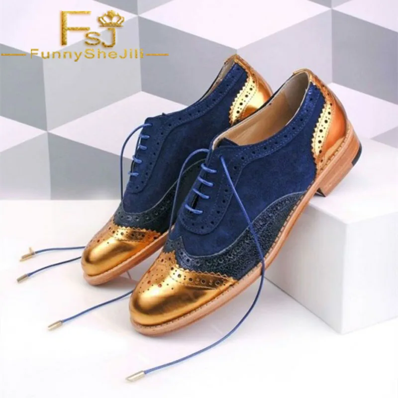 

Gold and Navy Two Tone Wingtip Women's Oxfords Lace up Flat Brogues Narrow Band Noble Generous Incomparable FSJ Sexy Elegant