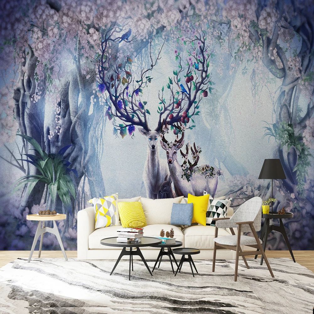 

Custom 3d wallpaper Nordic Forest Elk TV background wall painting - Silk waterproof material