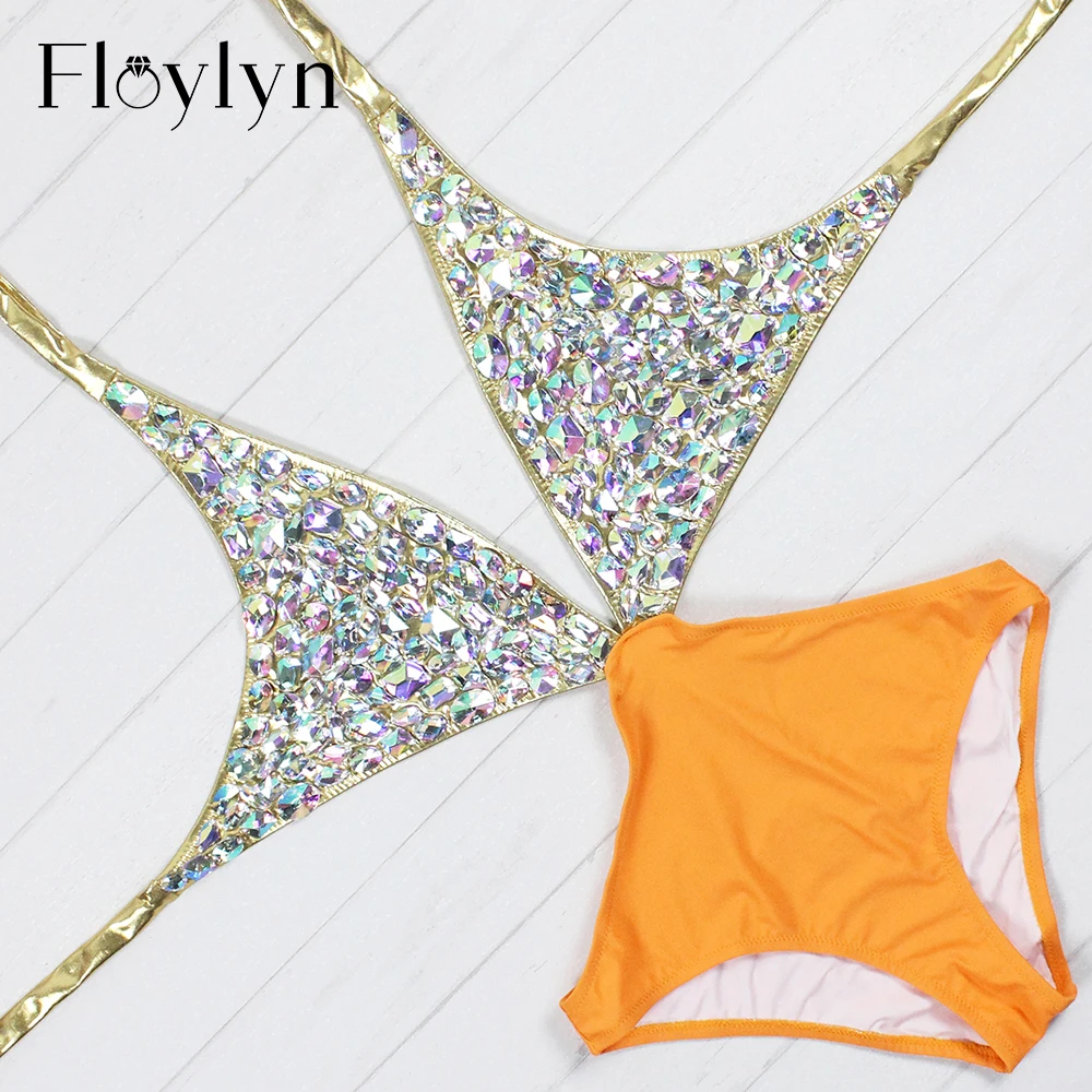 Floylyn 2017 Стразы цельный женский купальник сексуальный вырез Роскошный