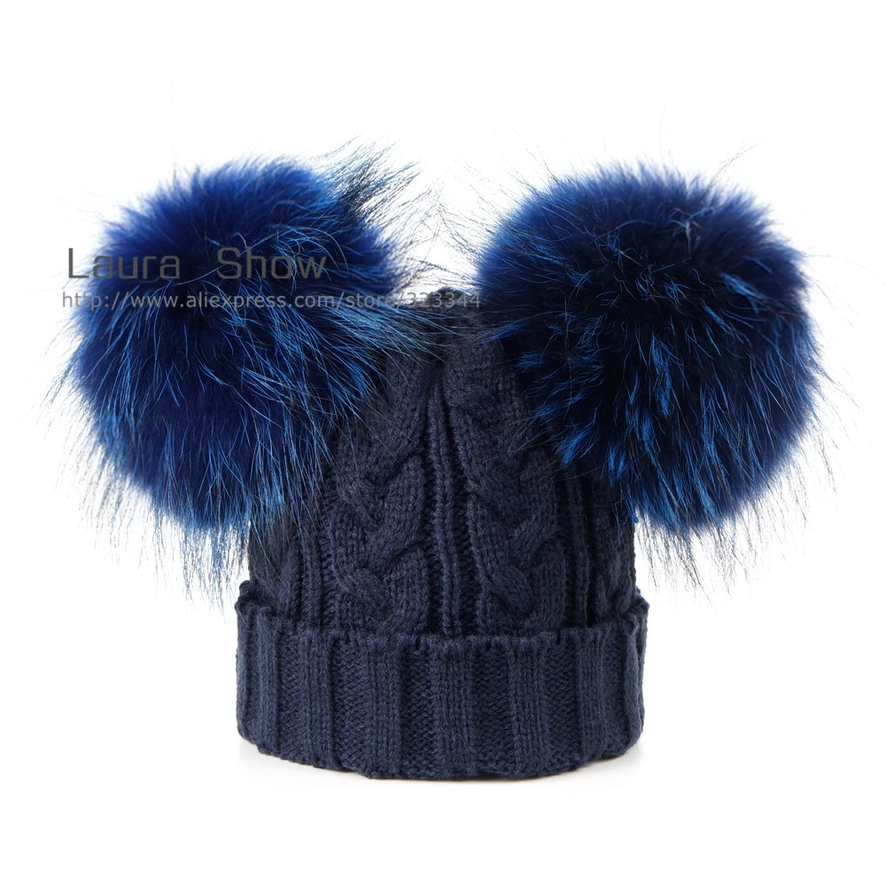 Детская Вязаная Шапка бини из натурального меха норки с помпоном енота|wool cap|beanie