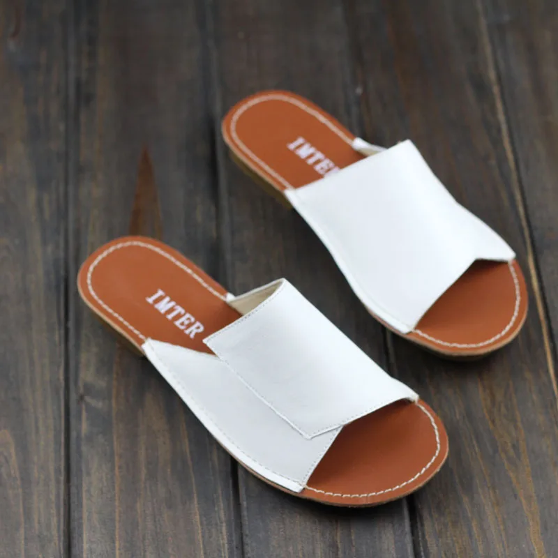 Women's Summer Slippers 100% Authentic Leather Women Sandals Beach Slides Female Footwear | Обувь