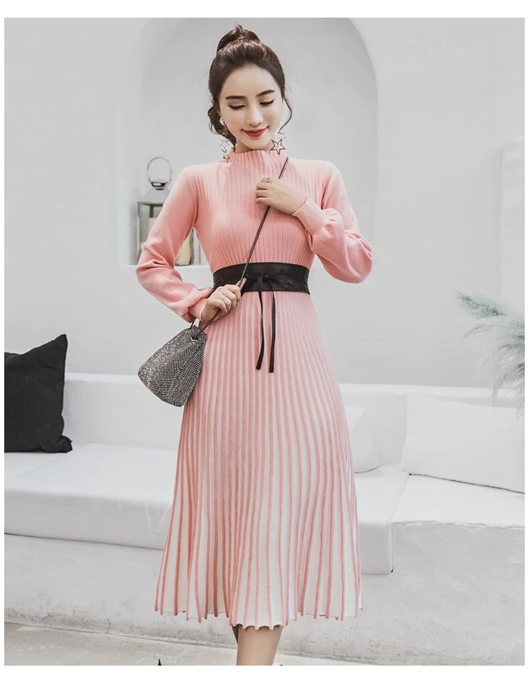 Новые женские вязанные со стоячим воротником плиссированные вечерние платье