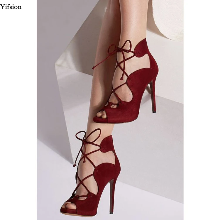 

Olomm New Fashion Women Lace Up Sandals Stiletto Heels Sandals Peep Toe Gorgeous Wine Red Dress Shoes Women US Plus Size 5-15