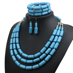 Blue Богемные африканские нигерийские бусы, ожерелье, браслет, серьги, комплект из 3 предметов, праздничный костюм, колье, Свадебные Ювелирные наборы для женщин - Окраска металла: Blue
