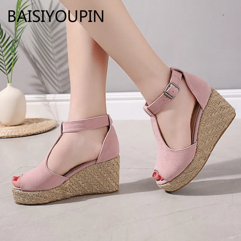 

Plus Size Summer Solid Casual Women Sandals Fashion Platform Buckle Strap Flock Wedges 8cm High Heel Non-slip Female Shoes